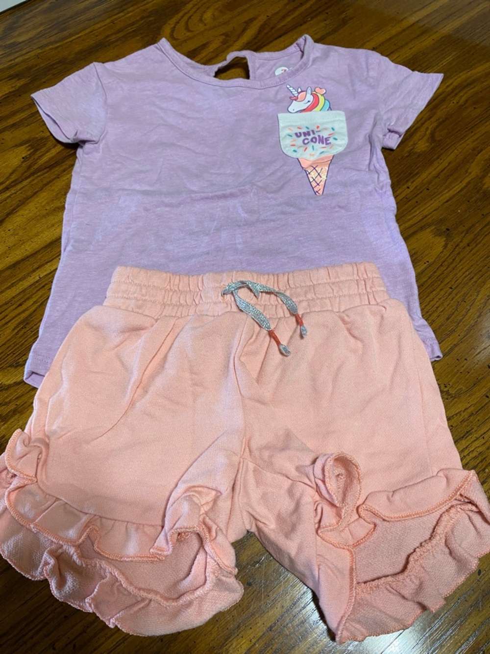365 Girls' Lavender Unicorn Pocket Tee & Peach Ruffle Shorts Matching Set